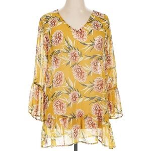 Crosstree Lane Mustard Floral Print Sheer Tunic Blouse Women’s Medium